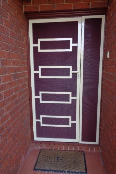 CB: 19 Clear Breeze Beacon Cove Steel Security Door In Primrose With Heavy Duty Privacy Mesh In Claret Red & Side Panel Security Screen