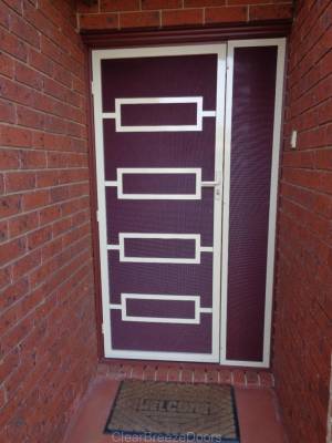 Cb: 19 Clear Breeze Beacon Cove Steel Security Door In Primrose With Heavy Duty Privacy Mesh In Claret Red &Amp; Side Panel Security Screen CB: 19 Clear Breeze Beacon Cove Steel Security Door In Primrose With Heavy Duty Privacy Mesh In Claret Red & Side Panel Security Screen