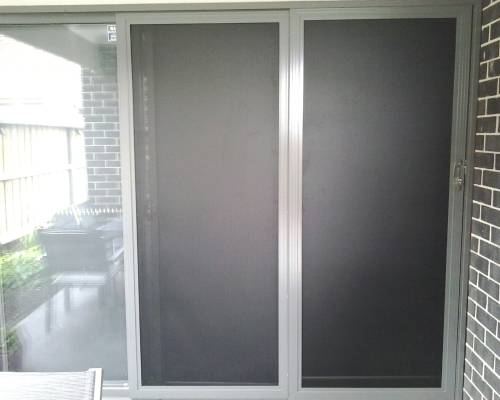 Cb: 9 Stacker Sliders Perforated Black Mesh Door 900Mm Each Screen Door Wide Angle View In Woodland Grey Colour